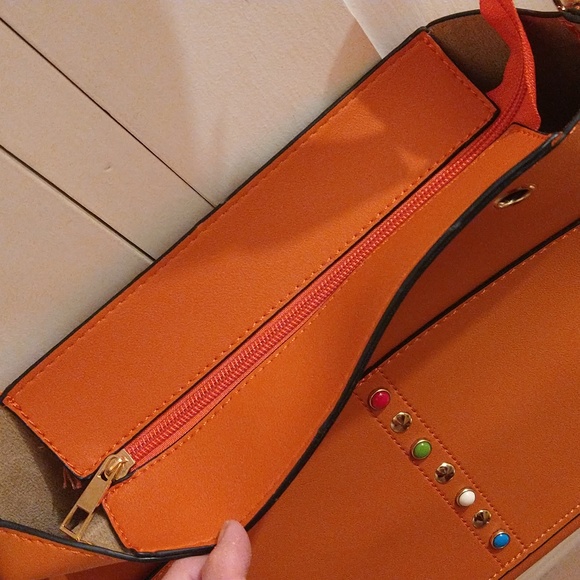 Orange studded shoulder bag with choice of two shoulder straps - Picture 3 of 10